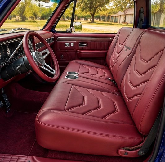 Chevrolet C10 truck custom red leather interior with chevron-stitched bench seat