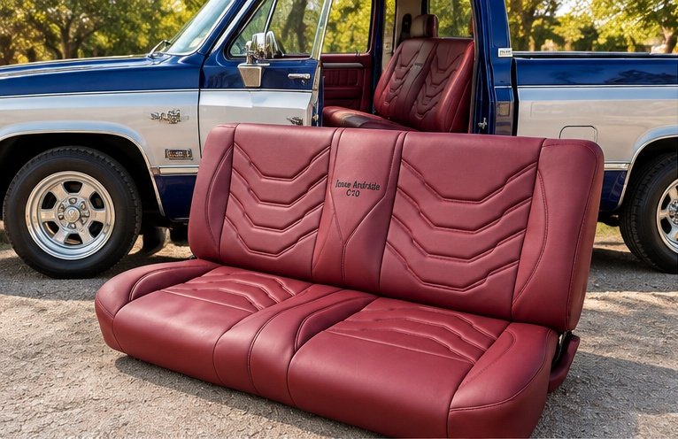Chevrolet C20 custom red leather bench seat with chevron stitch pattern