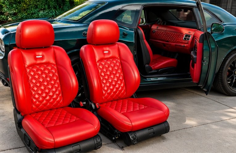 Dodge Challenger custom red leather bucket seats with diamond quilting