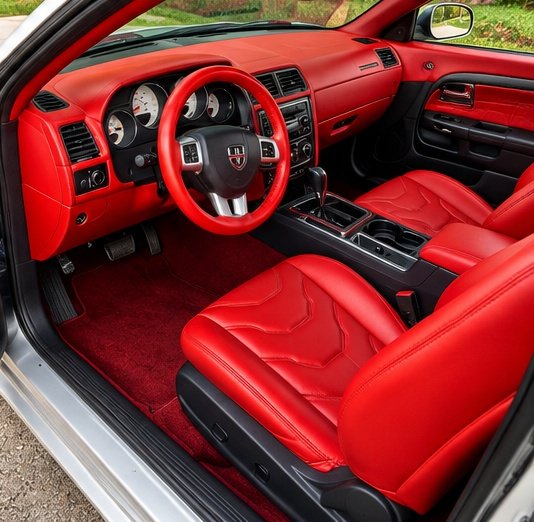 Dodge Challenger full custom red leather interior with matching dashboard and seats