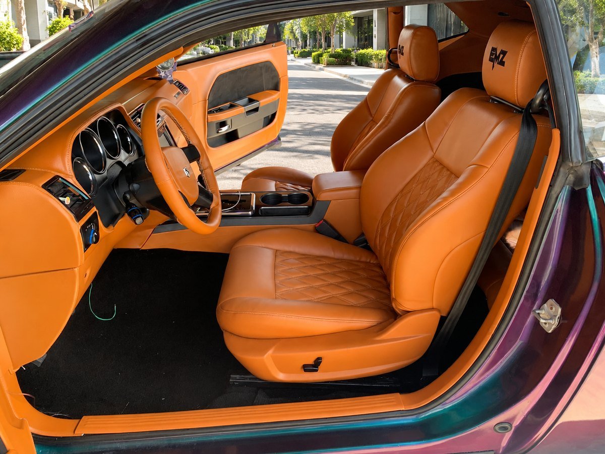 Dodge Challenger cognac leather custom interior with diamond stitch pattern