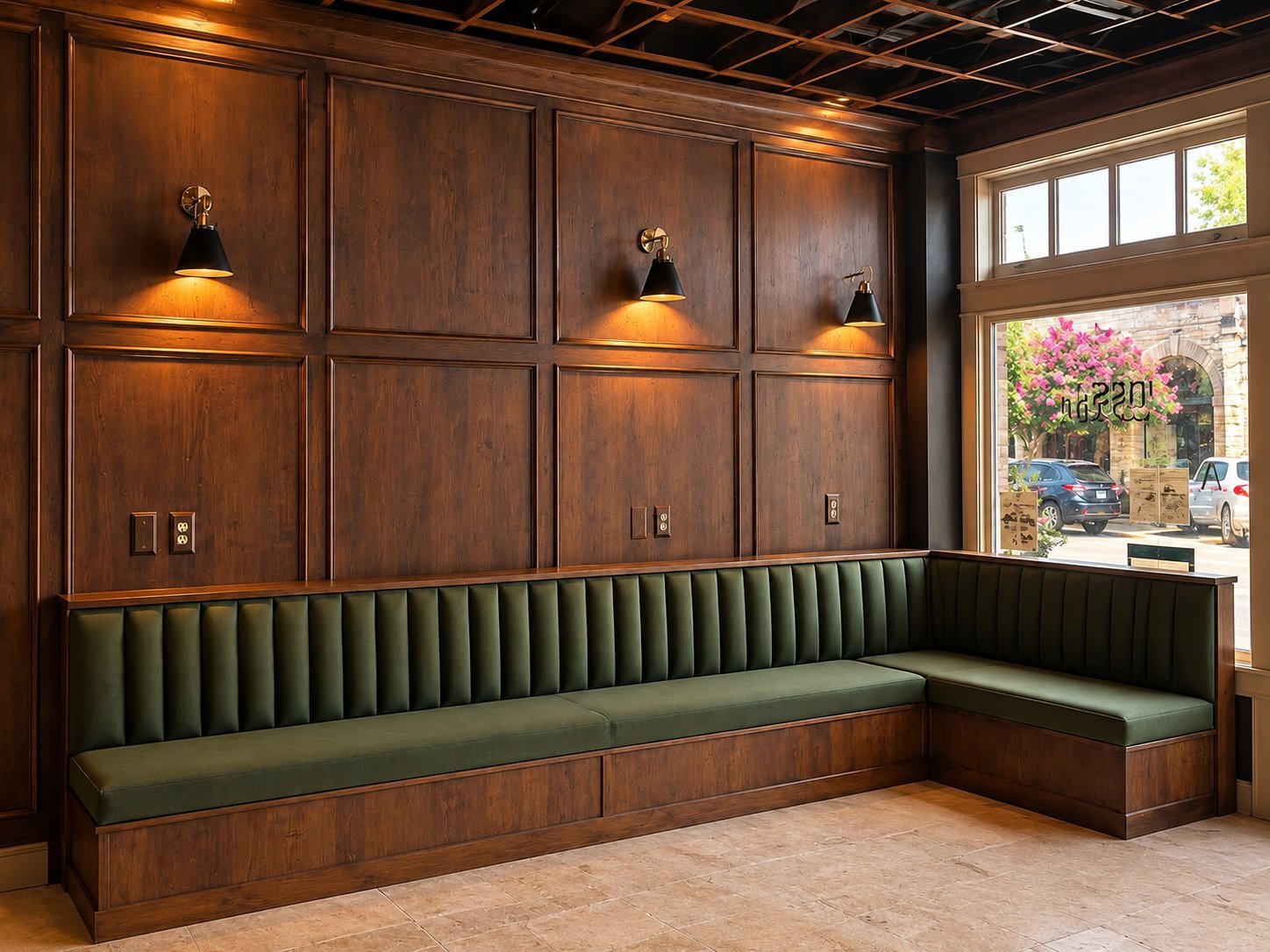 Long green channel-tufted banquette along a wood-paneled wall