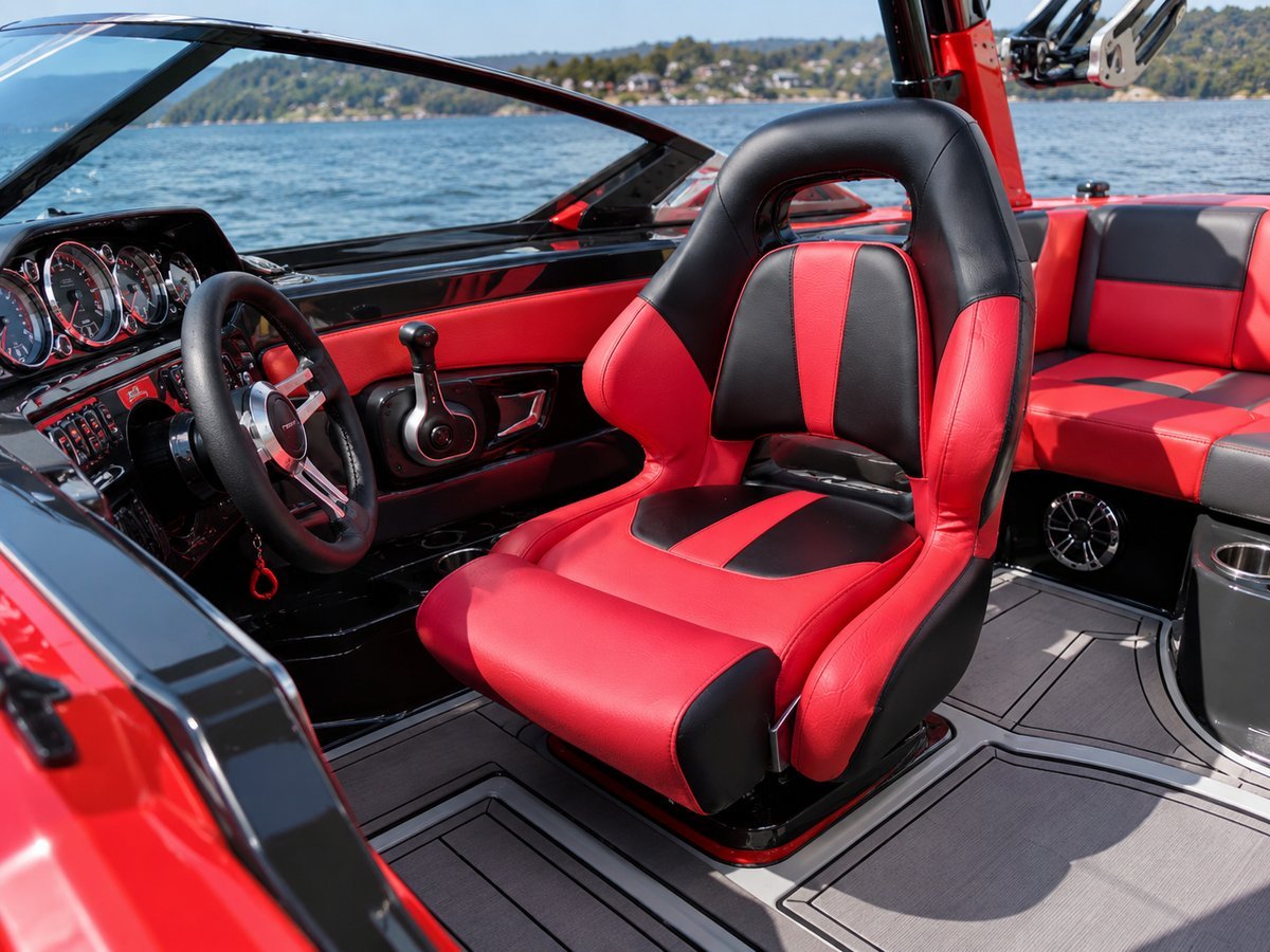 Sport boat interior in red and black marine-grade vinyl with dashboard view