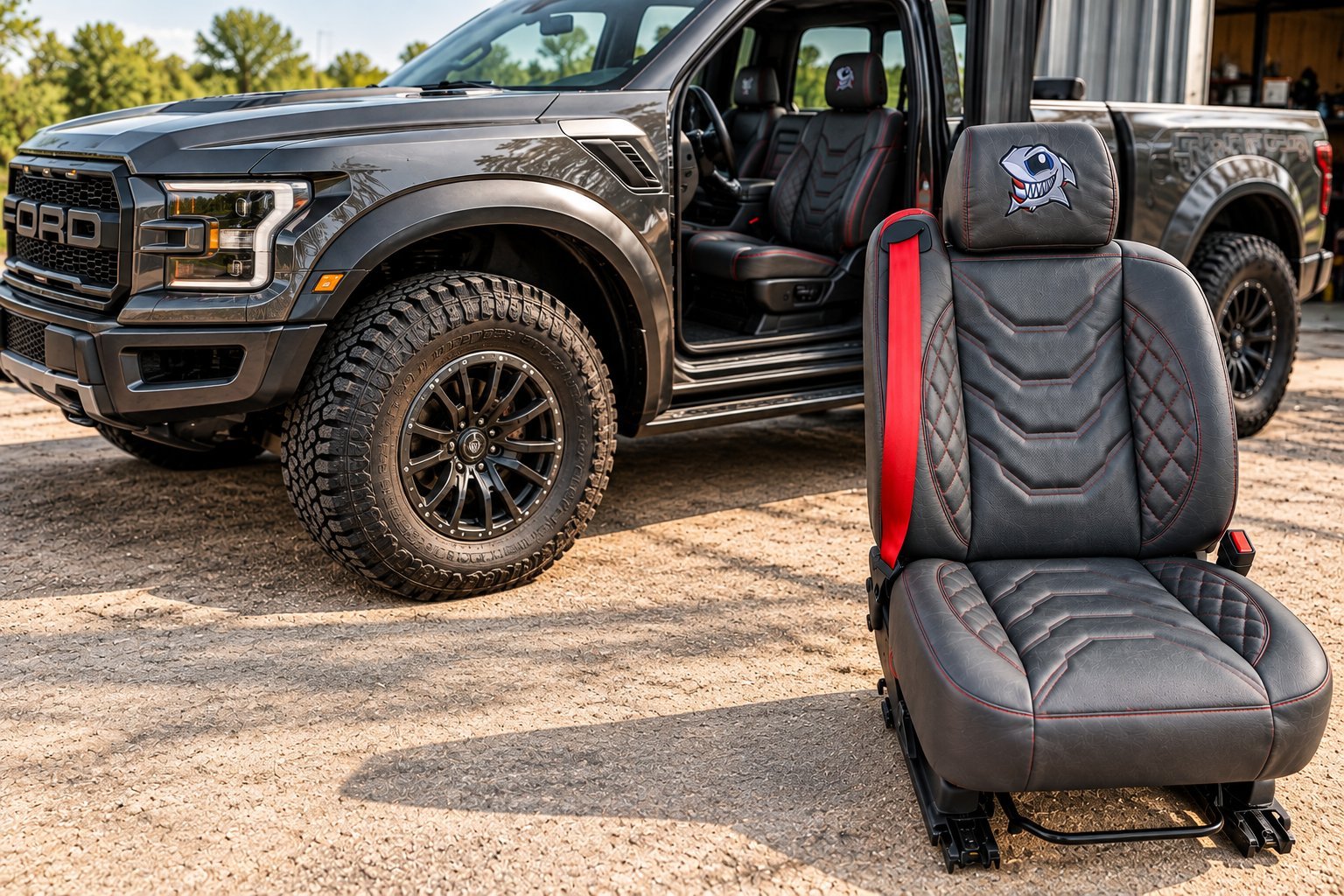 Ford Raptor custom black leather seat with red stitching