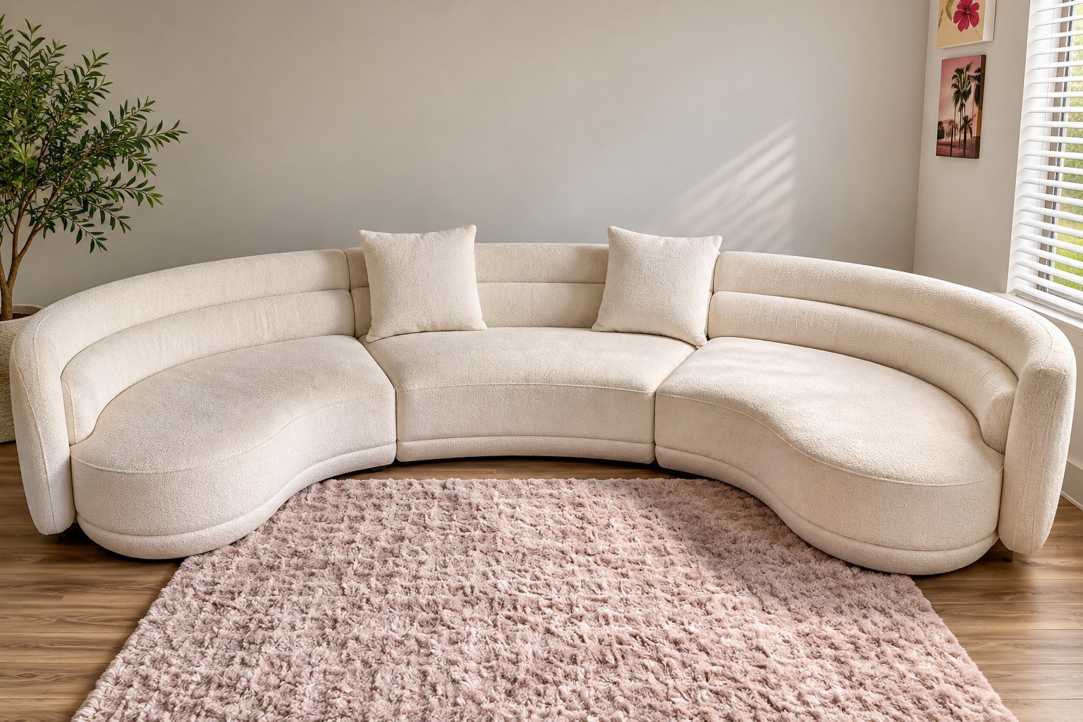 Curved cream boucle sectional sofa with accent pillows