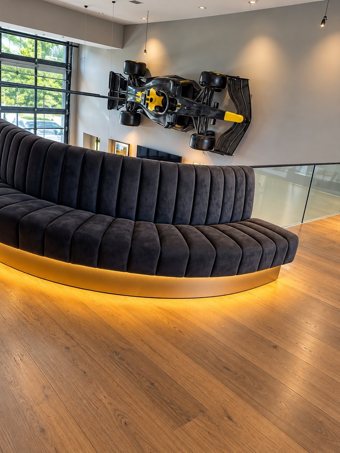 Curved black channel-tufted velvet sofa with warm gold LED base