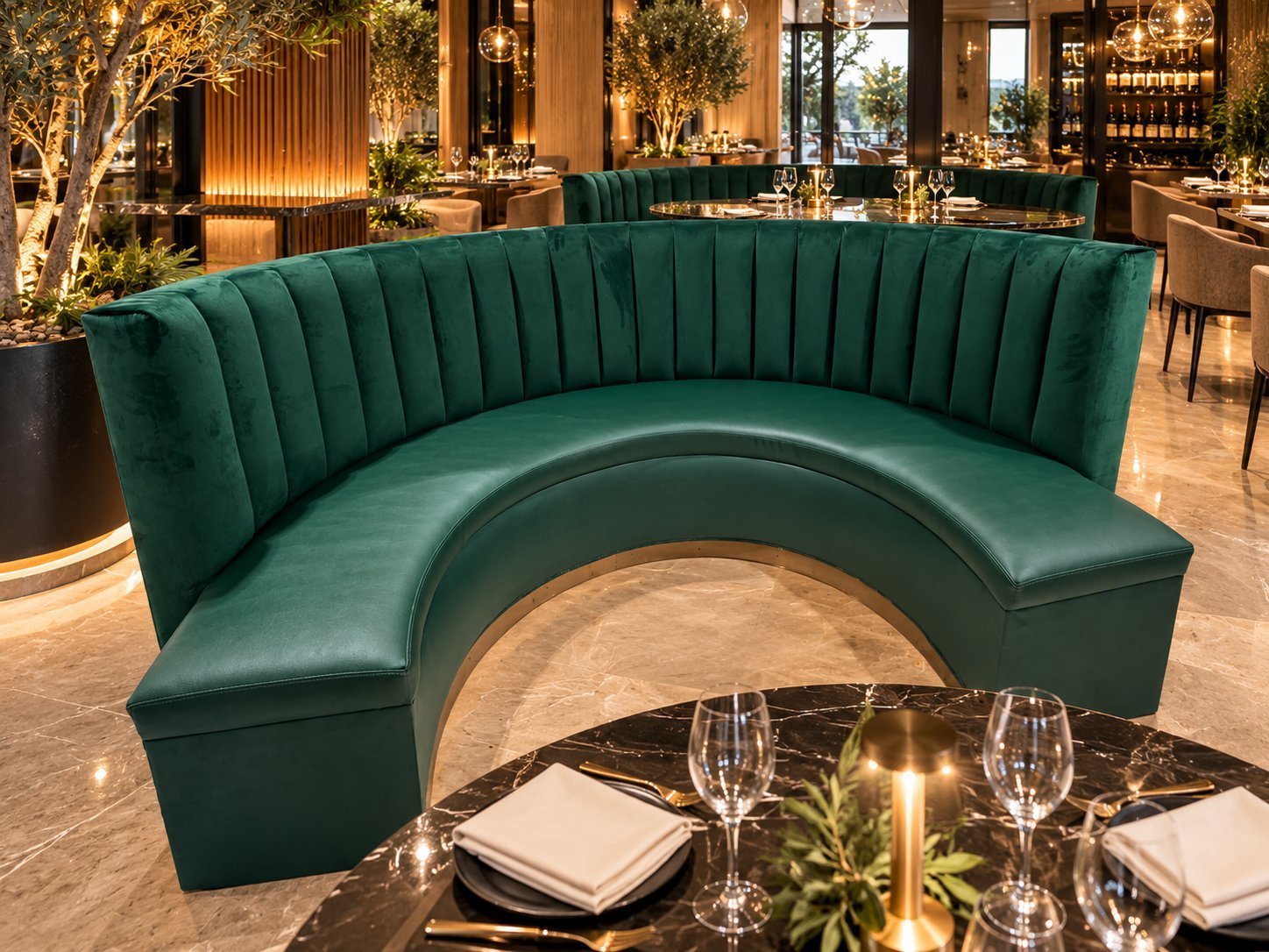 Curved green channel-tufted velvet banquette with gold base in an upscale restaurant
