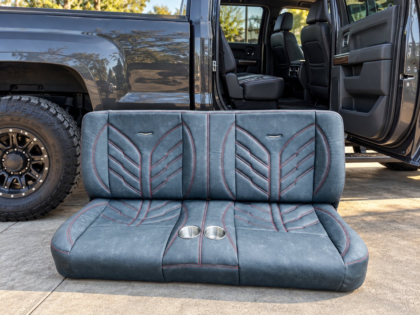 Custom navy blue vinyl truck bench seat with red stitch