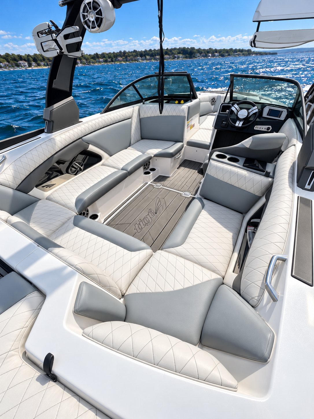 White and grey diamond-stitched marine seating on a sport boat