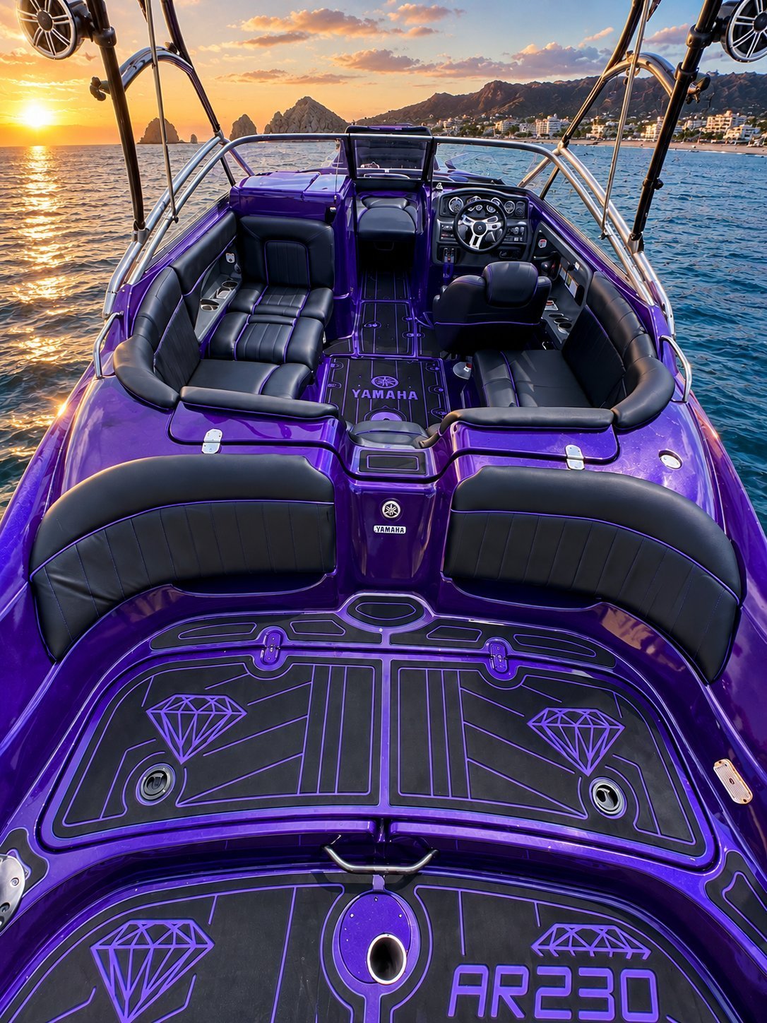Purple sport boat with black marine vinyl seating and purple piping