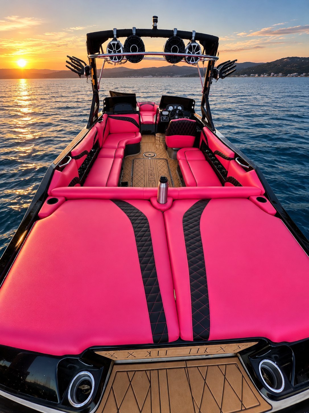 Hot pink marine vinyl bench seating with black diamond-stitch accents
