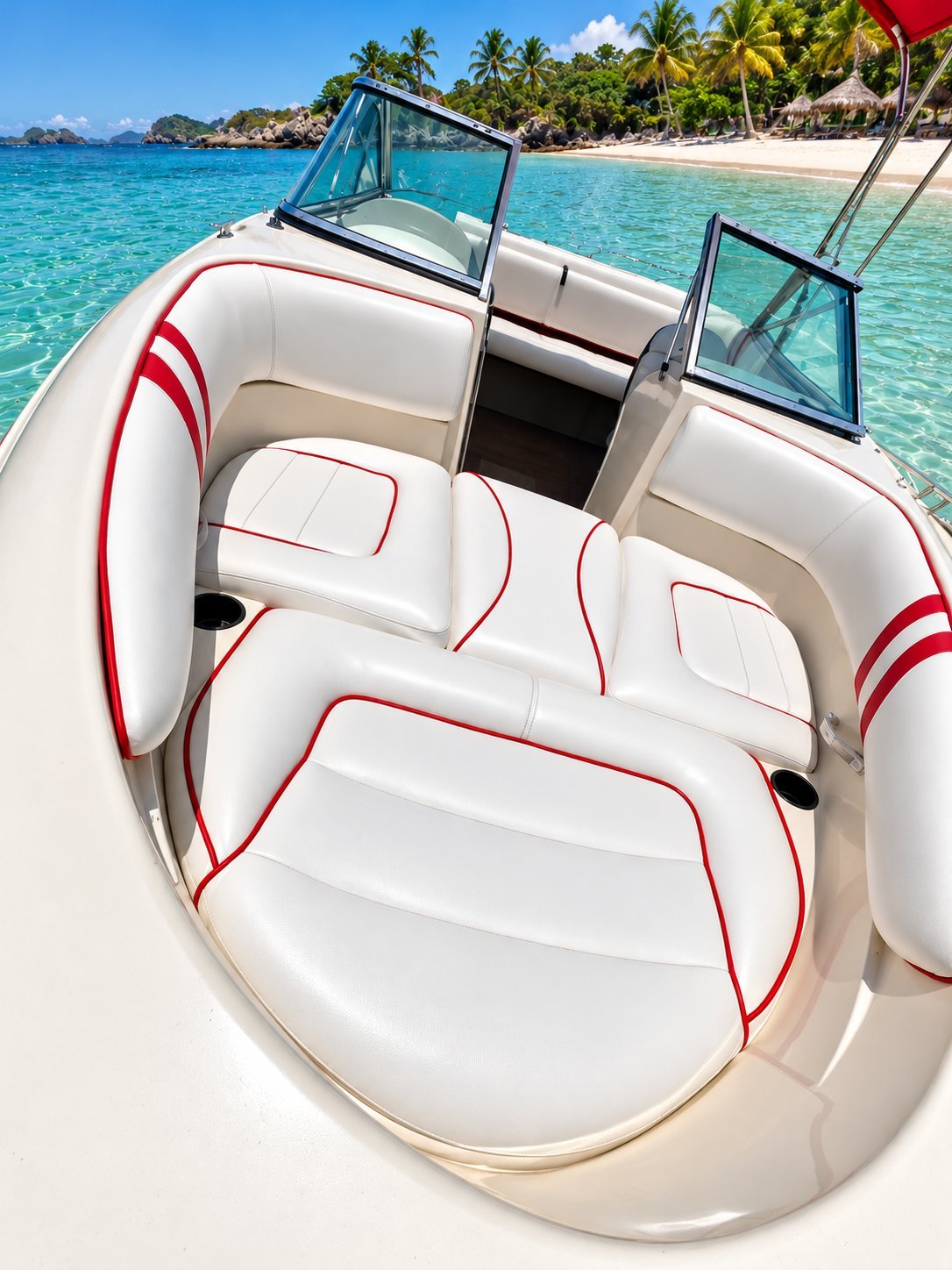 White marine vinyl seating with red piping on a bow deck